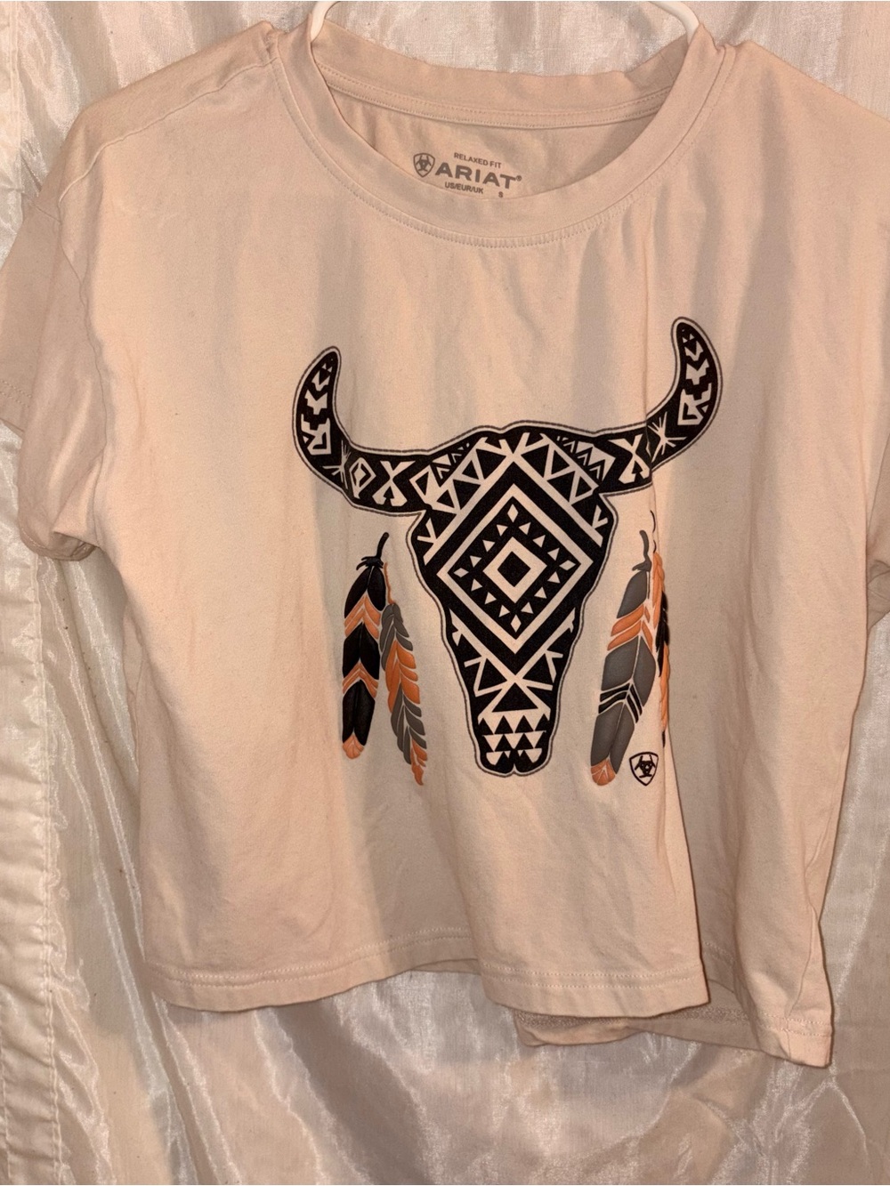 Ariat Cream Short Sleeve Tee with Black & Orange Feather Skull
